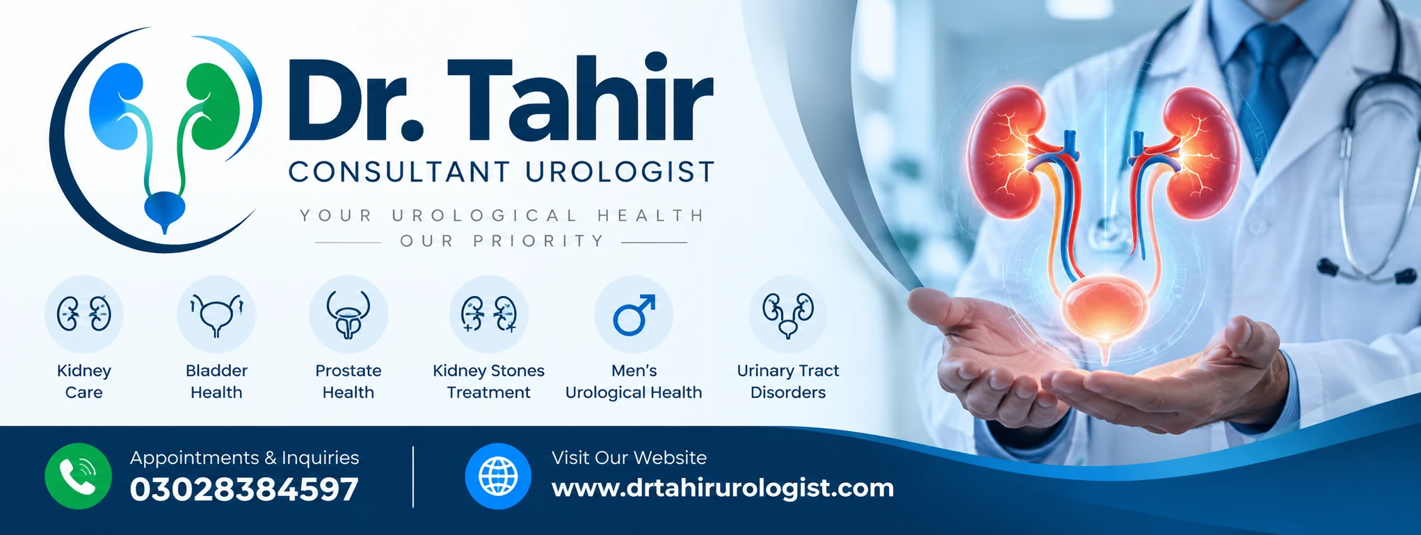 Dr. Tahir urology cover banner showing kidney, bladder and prostate consultation areas and appointment telephone number