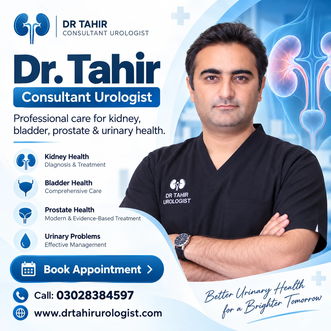 Dr. Tahir promotional poster showing service areas, telephone number and website